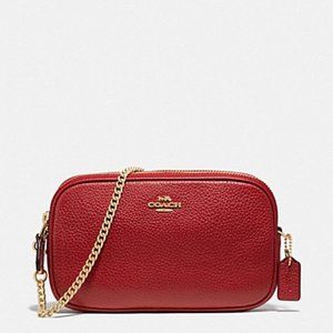 Coach Double Zip Pebble Leather Crossbody Bag Chain Strap Red - New